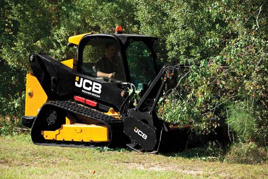 A forestry cutting head attachment clears timber.